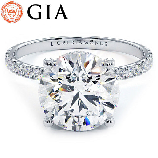 3.74ctw GIA Certified Round Brilliant Under Halo Petite Micropavé Lab Grown Diamond Engagement Ring set in 14k Platinum