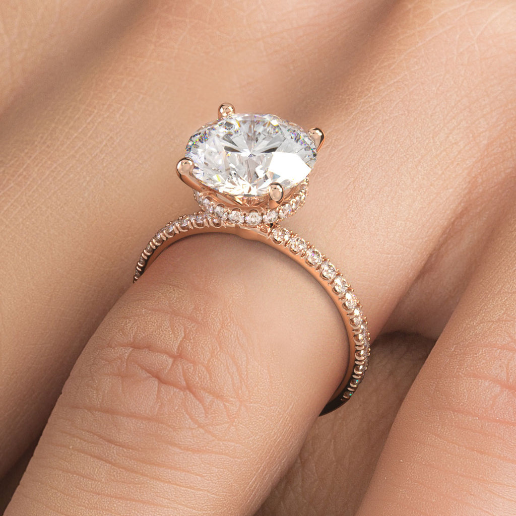 3.60ctw Round Brilliant Under Halo Petite Micropavé Lab Grown Diamond Engagement Ring set in 14k Rose Gold