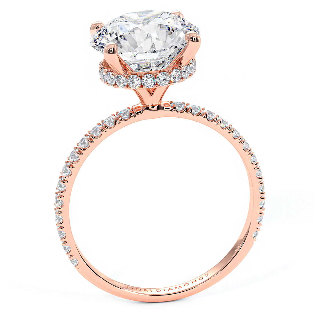 3.74ctw GIA Certified Round Brilliant Under Halo Petite Micropavé Lab Grown Diamond Engagement Ring set in 14k Rose Gold