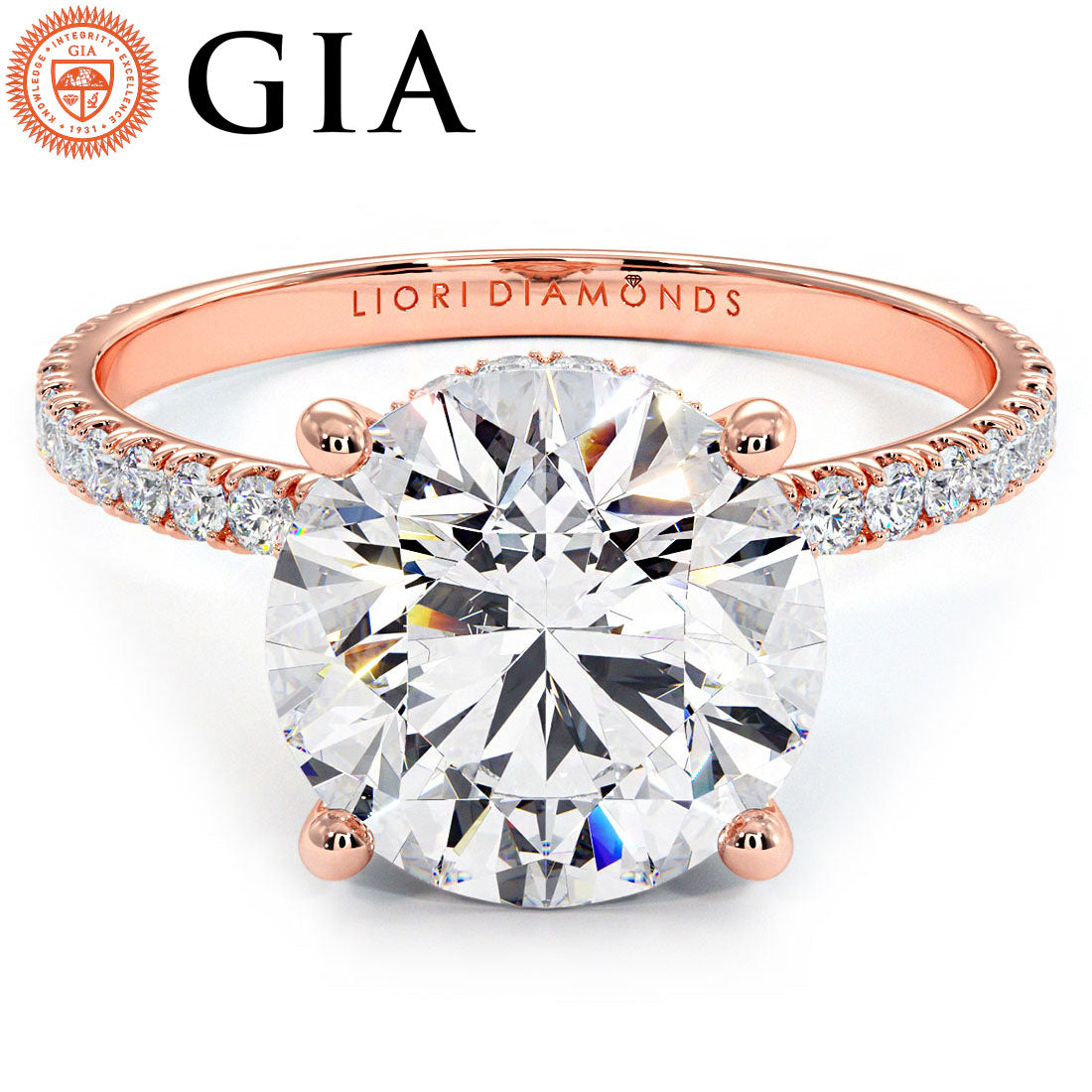 3.74ctw GIA Certified Round Brilliant Under Halo Petite Micropavé Lab Grown Diamond Engagement Ring set in 14k Rose Gold