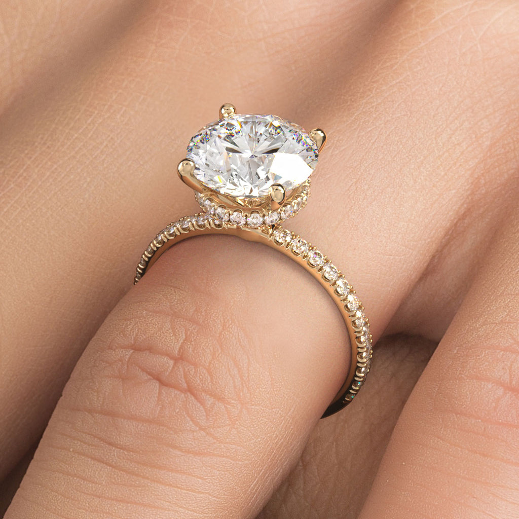 3.60ctw Round Brilliant Under Halo Petite Micropavé Lab Grown Diamond Engagement Ring set in 14k Yellow Gold