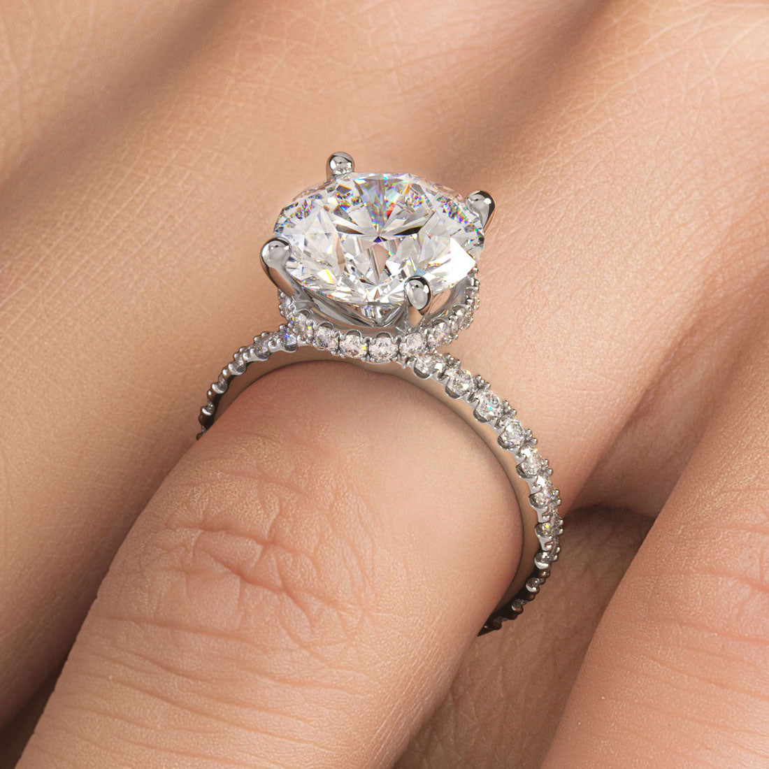 4.70ctw Round Brilliant Under Halo Petite Micropavé Lab Grown Diamond Engagement Ring set in 14k White Gold