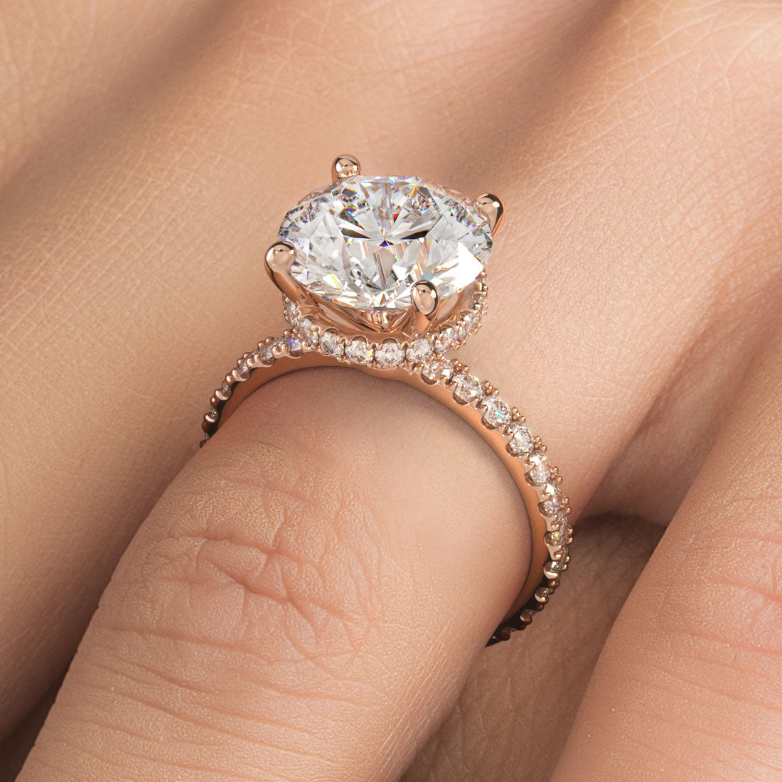 4.70ctw Round Brilliant Under Halo Petite Micropavé Lab Grown Diamond Engagement Ring set in 14k Rose Gold