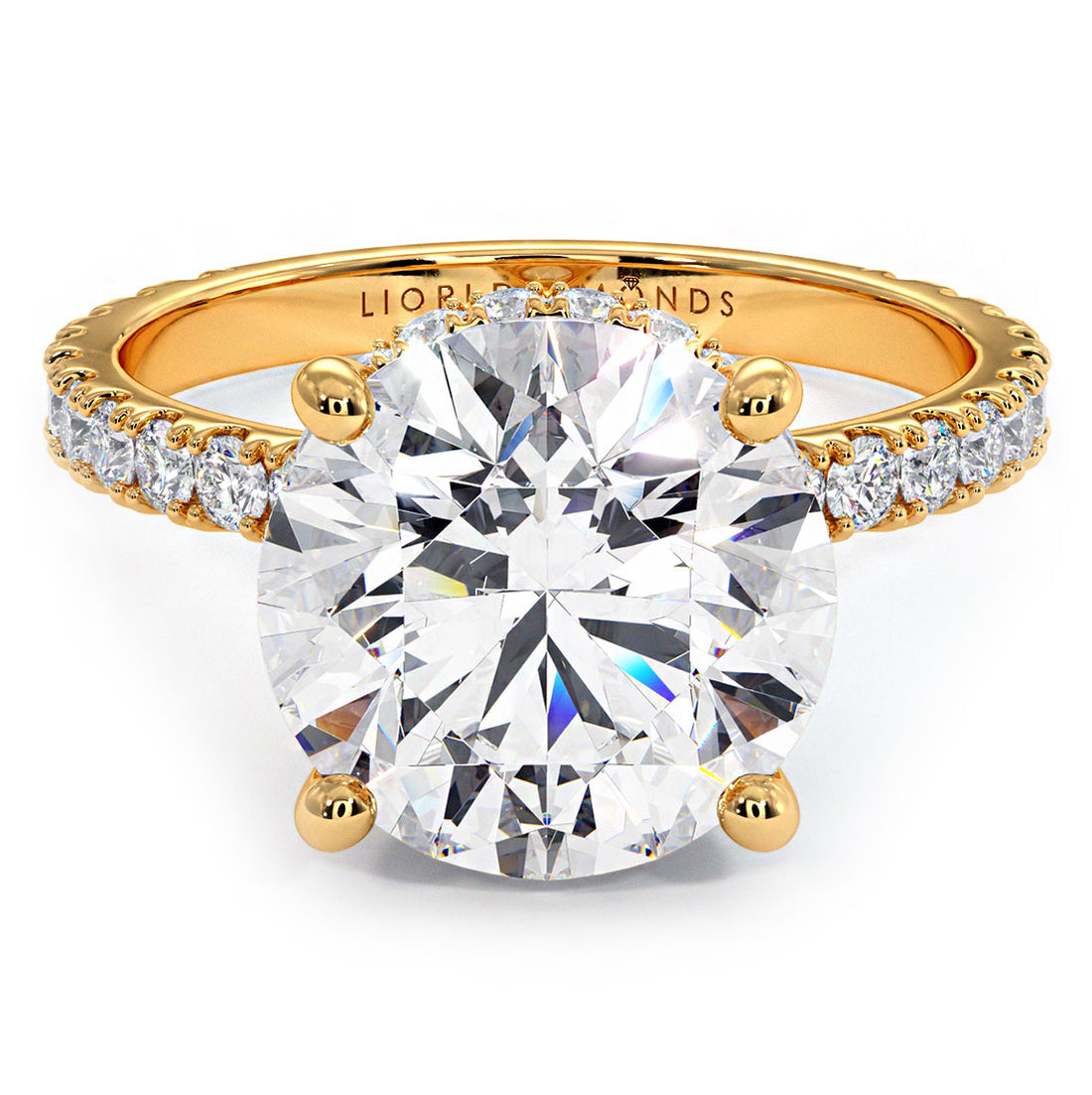 4.70ctw Round Brilliant Under Halo Petite Micropavé Lab Grown Diamond Engagement Ring set in 14k Yellow Gold