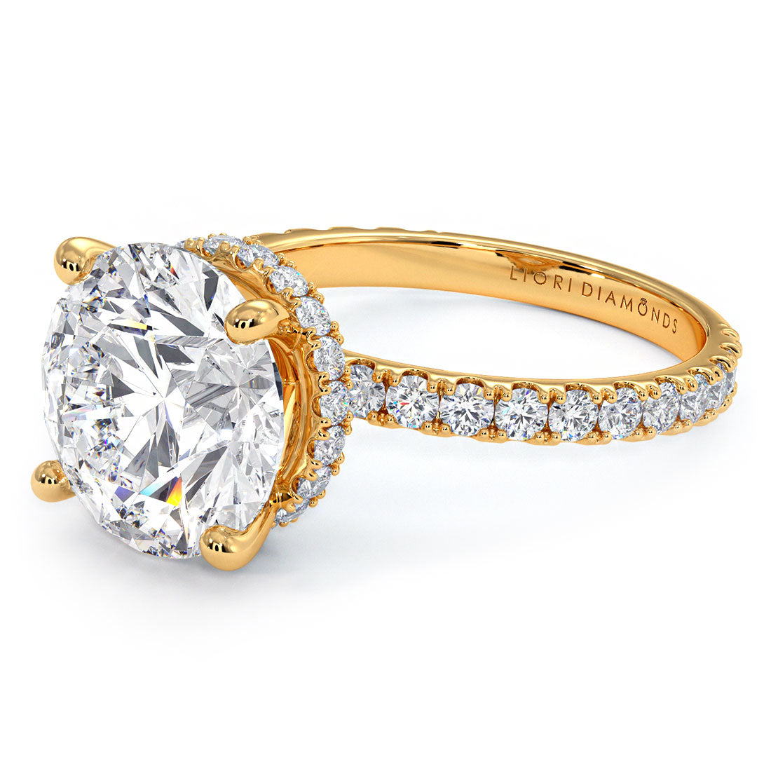 4.70ctw Round Brilliant Under Halo Petite Micropavé Lab Grown Diamond Engagement Ring set in 14k Yellow Gold