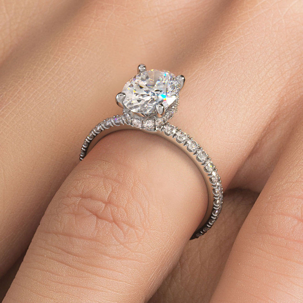 2.42ctw Oval Cut Under Halo Petite Micropavé Lab Grown Diamond Engagement Ring set in 14k White Gold