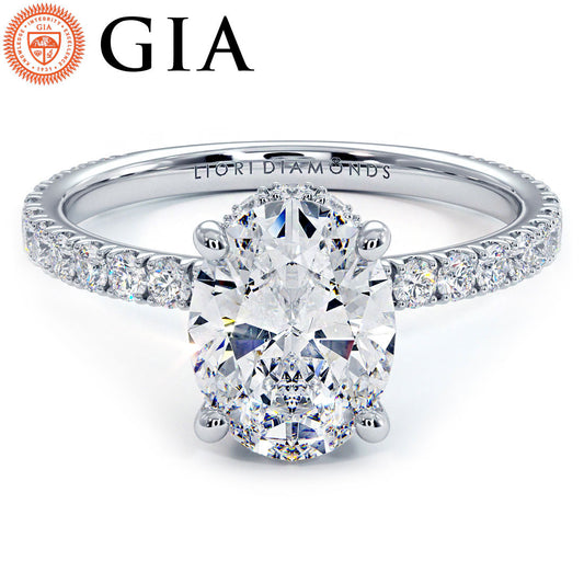 2.47ctw GIA Certified Oval Cut Under Halo Petite Micropavé Lab Grown Diamond Engagement Ring set in Platinum