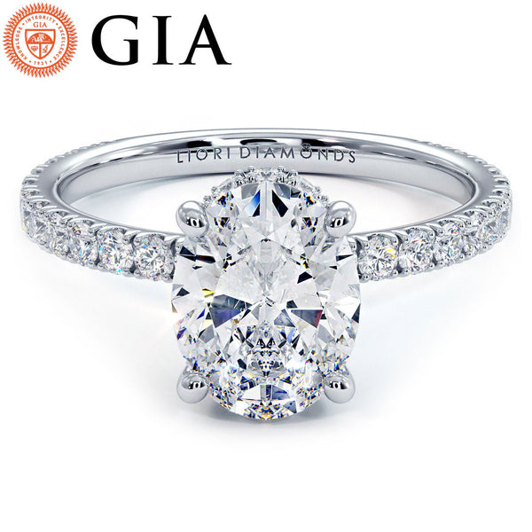 1.89ctw GIA Certified Oval Cut Under Halo Petite Micropavé Lab Grown Diamond Engagement Ring set in 18k White Gold