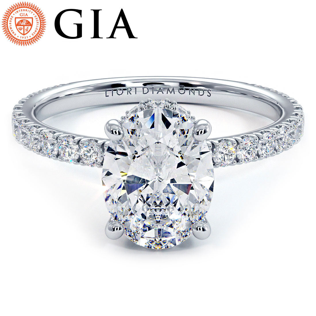 1.89ctw GIA Certified Oval Cut Under Halo Petite Micropavé Lab Grown Diamond Engagement Ring set in Platinum