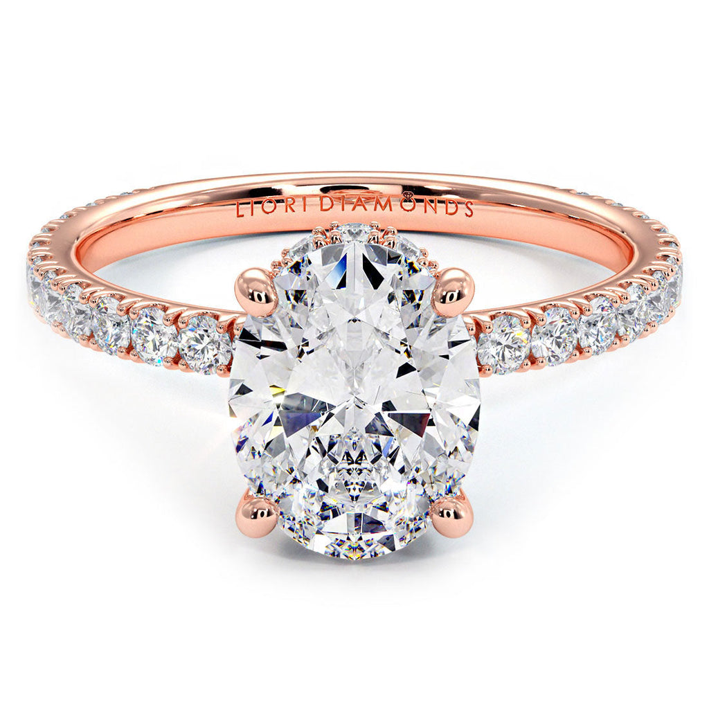 2.42ctw Oval Cut Under Halo Petite Micropavé Lab Grown Diamond Engagement Ring set in 14k Rose Gold