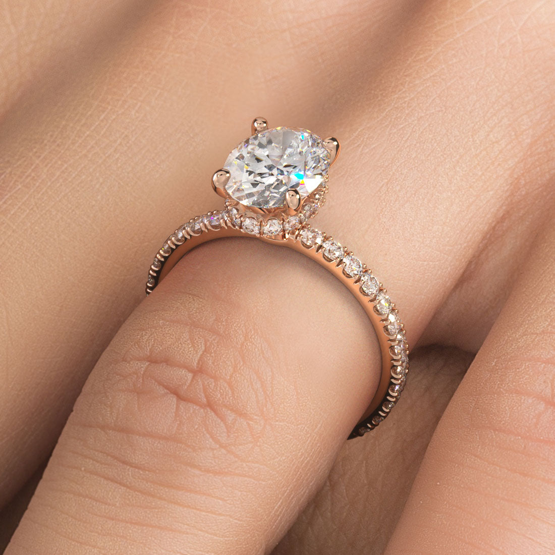 2.42ctw GIA Certified Oval Cut Under Halo Petite Micropavé Lab Grown Diamond Engagement Ring set in 18k Rose Gold