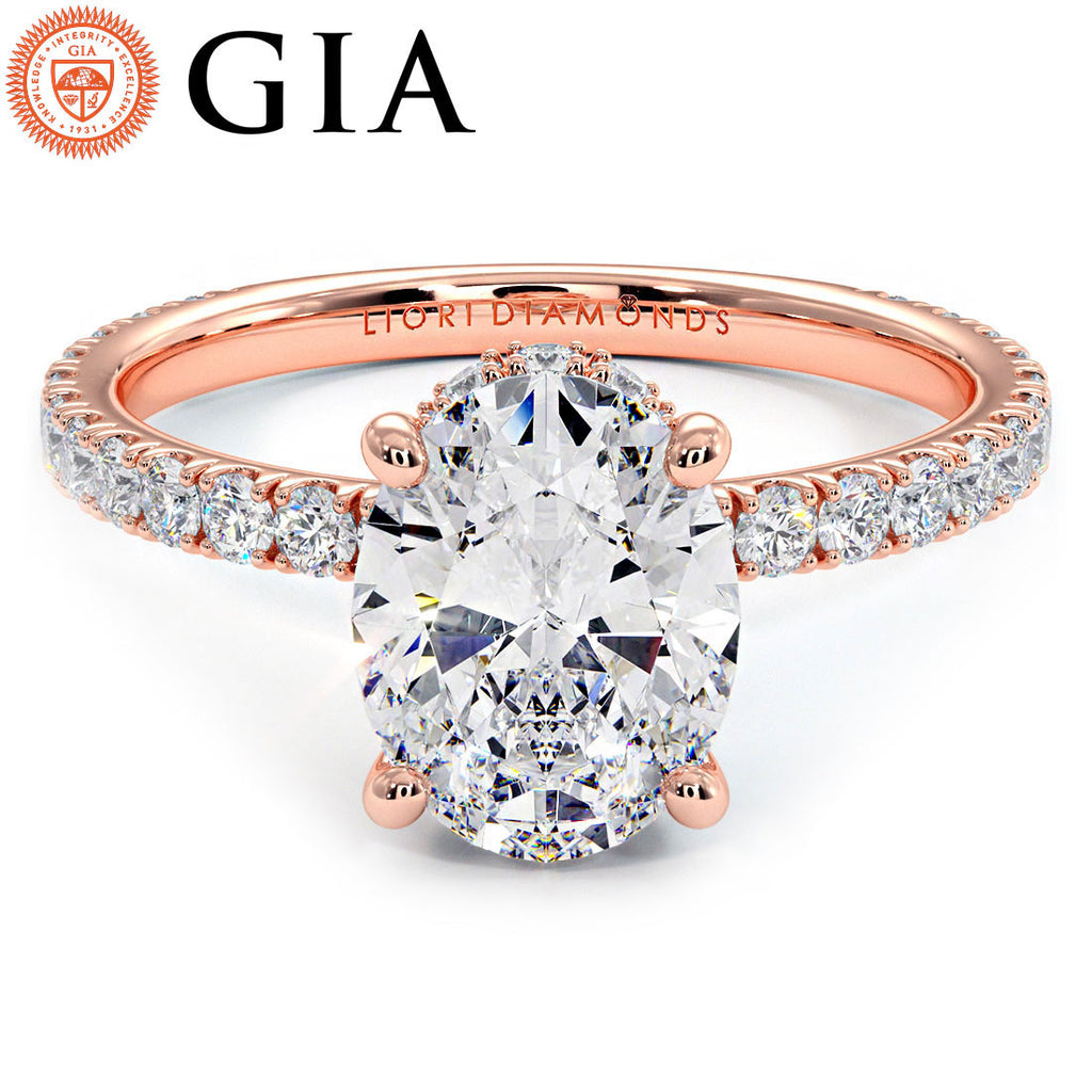 2.47ctw GIA Certified Oval Cut Under Halo Petite Micropavé Lab Grown Diamond Engagement Ring set in 18k Rose Gold