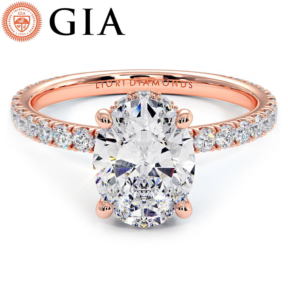 2.42ctw GIA Certified Oval Cut Under Halo Petite Micropavé Lab Grown Diamond Engagement Ring set in 14k Rose Gold