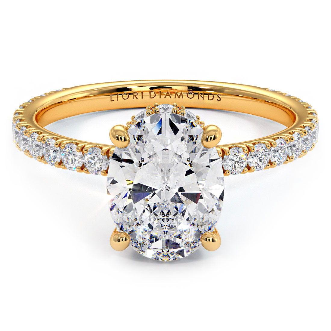 2.42ctw Oval Cut Under Halo Petite Micropavé Lab Grown Diamond Engagement Ring set in 14k Yellow Gold