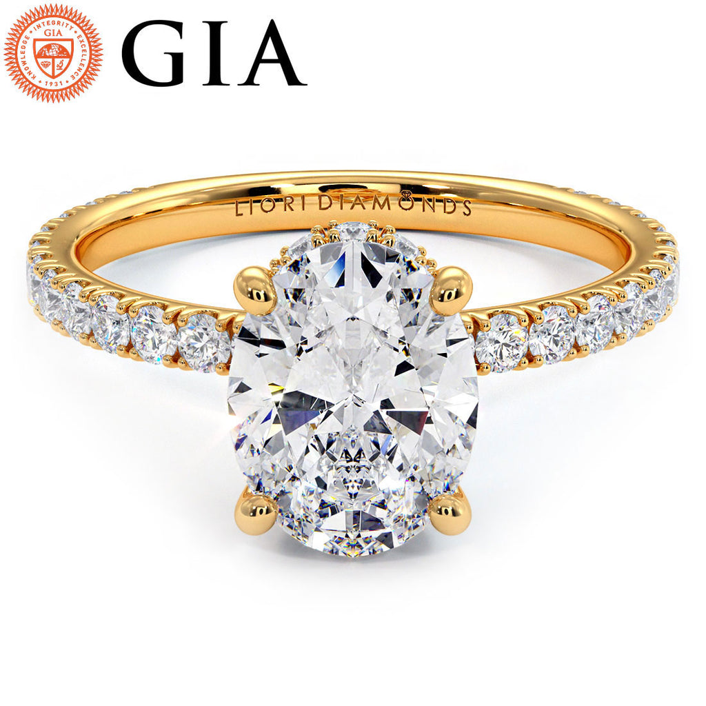 2.47ctw GIA Certified Oval Cut Under Halo Petite Micropavé Lab Grown Diamond Engagement Ring set in 18k Yellow Gold