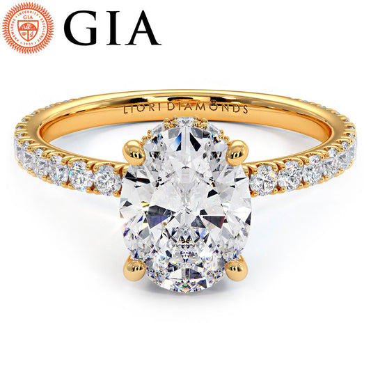 1.89ctw GIA Certified Oval Cut Under Halo Petite Micropavé Lab Grown Diamond Engagement Ring set in 18k Yellow Gold