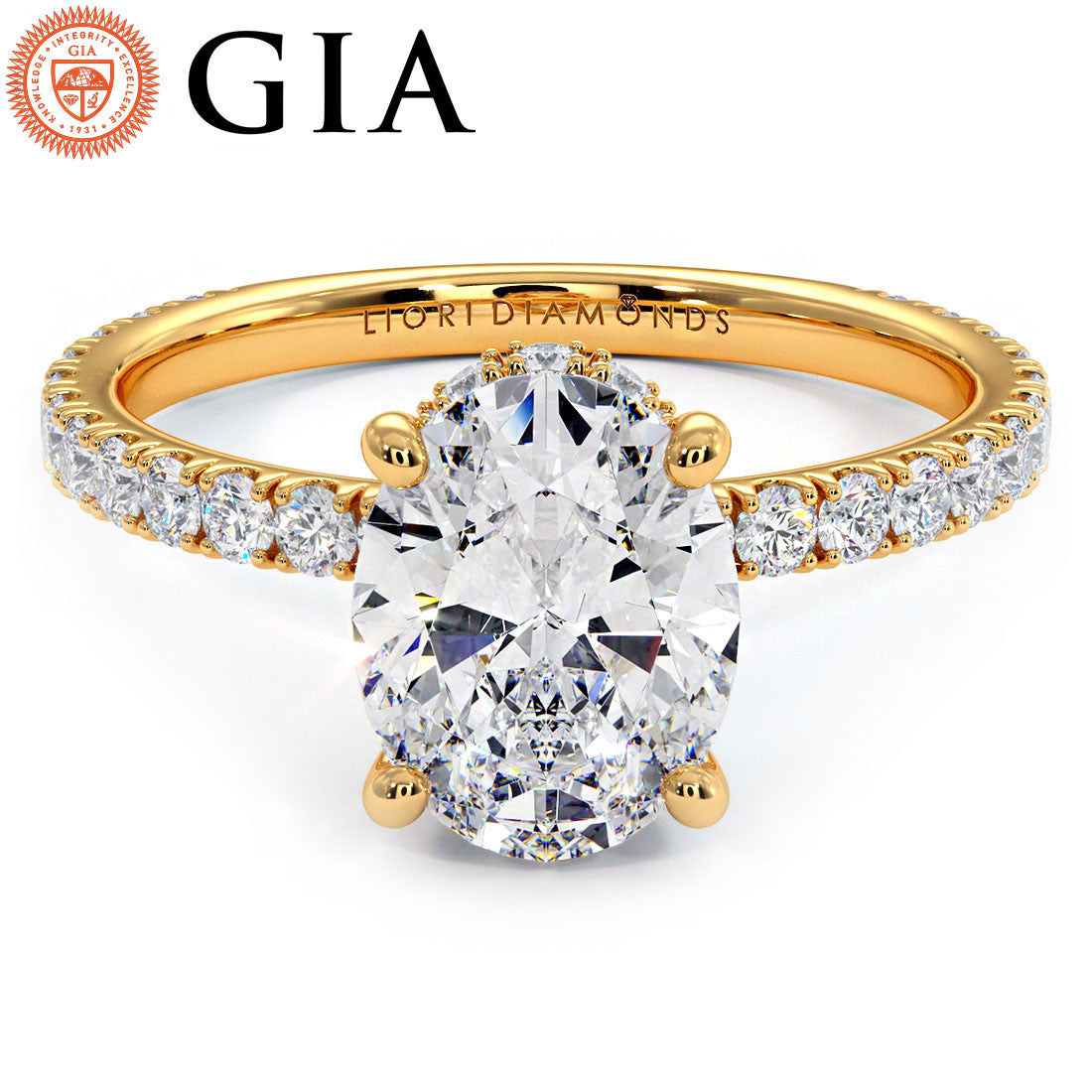 1.89ctw GIA Certified Oval Cut Under Halo Petite Micropavé Lab Grown Diamond Engagement Ring set in 18k Yellow Gold