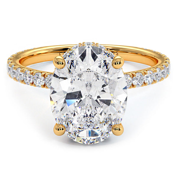 3.55ctw Oval Cut Under Halo Petite Micropavé Lab Grown Diamond Engagement Ring set in 14k Yellow Gold