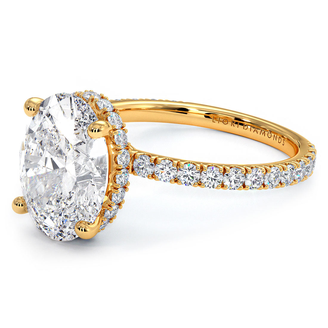 3.55ctw Oval Cut Under Halo Petite Micropavé Lab Grown Diamond Engagement Ring set in 14k Yellow Gold