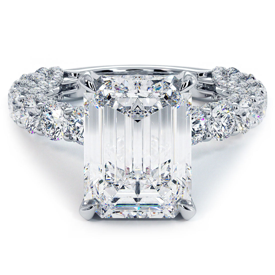 8.29ctw E-VVS2 Emerald Cut Micropavé Lucida Setting Lab Grown Diamond Engagement Ring set in 14k Platinum