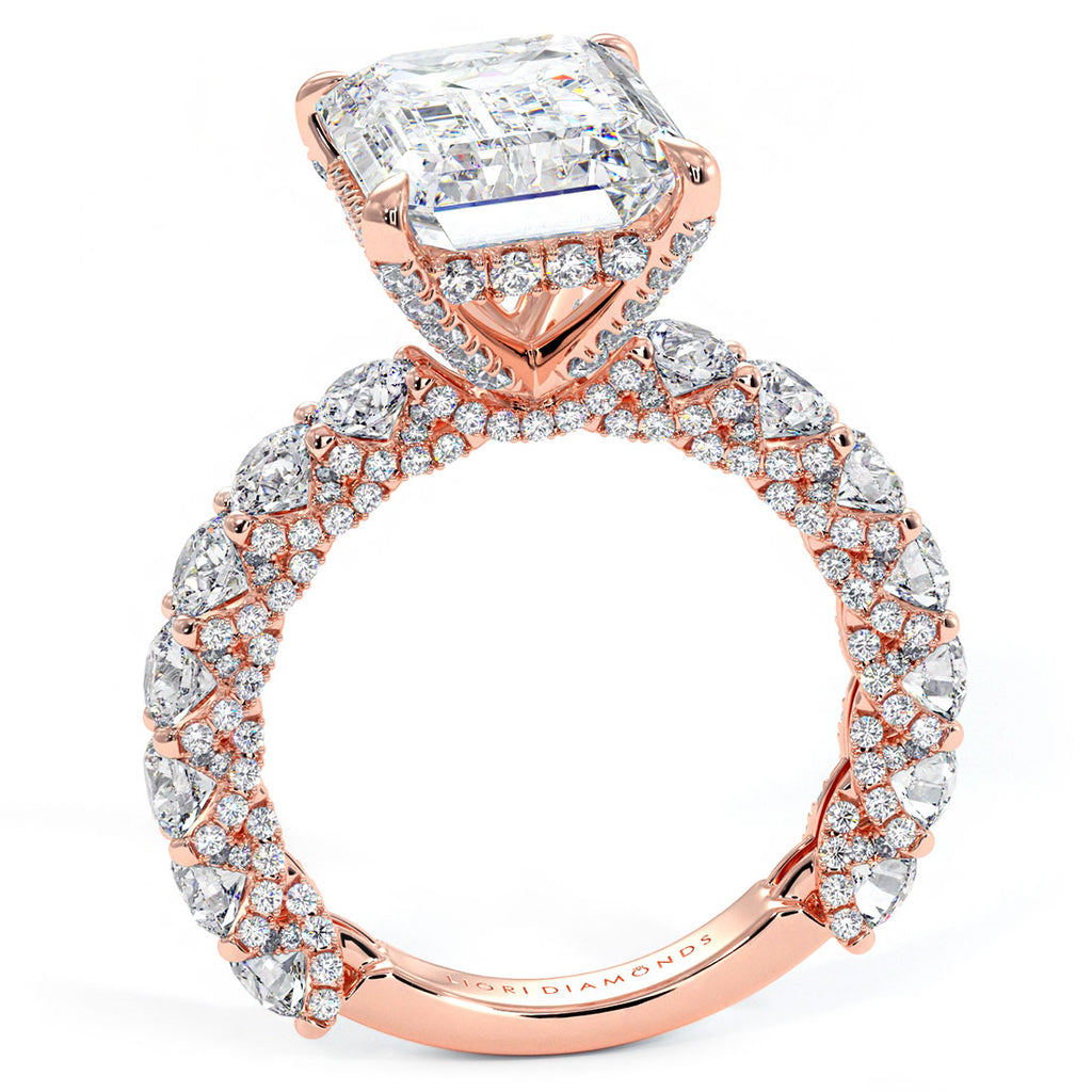 7.52ctw GIA Certified F-VVS2 Emerald Cut Micropavé Lucida Setting Lab Grown Diamond Engagement Ring set in 14k Rose Gold