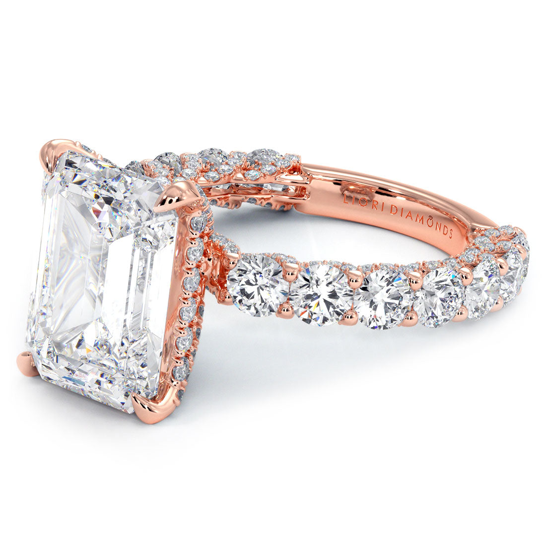 8.29ctw E-VVS2 Emerald Cut Micropavé Lucida Setting Lab Grown Diamond Engagement Ring set in 14k Rose Gold