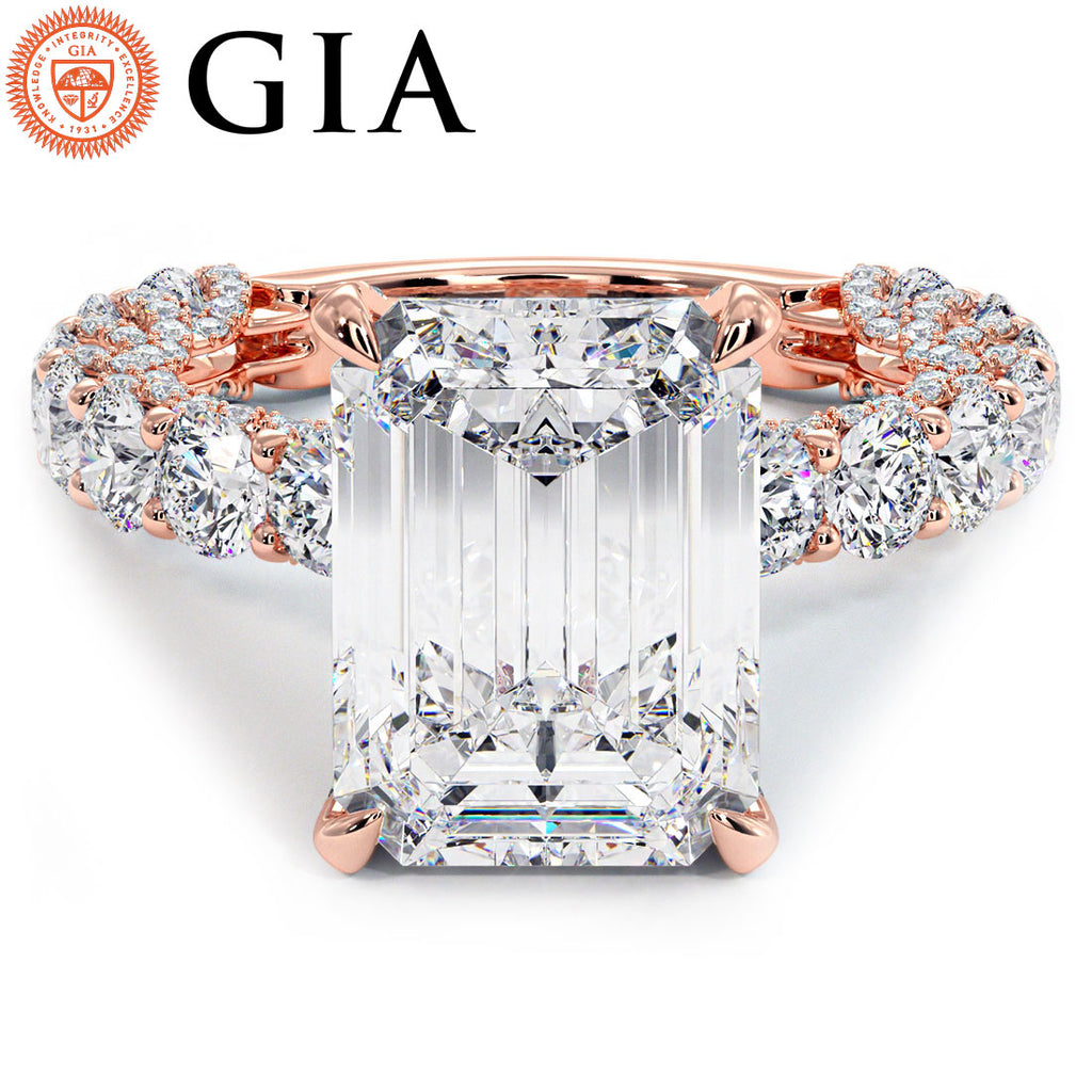 7.52ctw GIA Certified F-VVS2 Emerald Cut Micropavé Lucida Setting Lab Grown Diamond Engagement Ring set in 14k Rose Gold