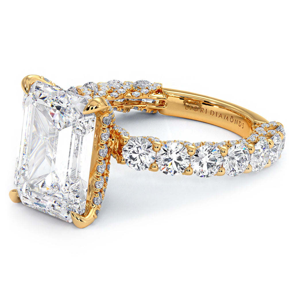 8.29ctw E-VVS2 Emerald Cut Micropavé Lucida Setting Lab Grown Diamond Engagement Ring set in 14k Yellow Gold