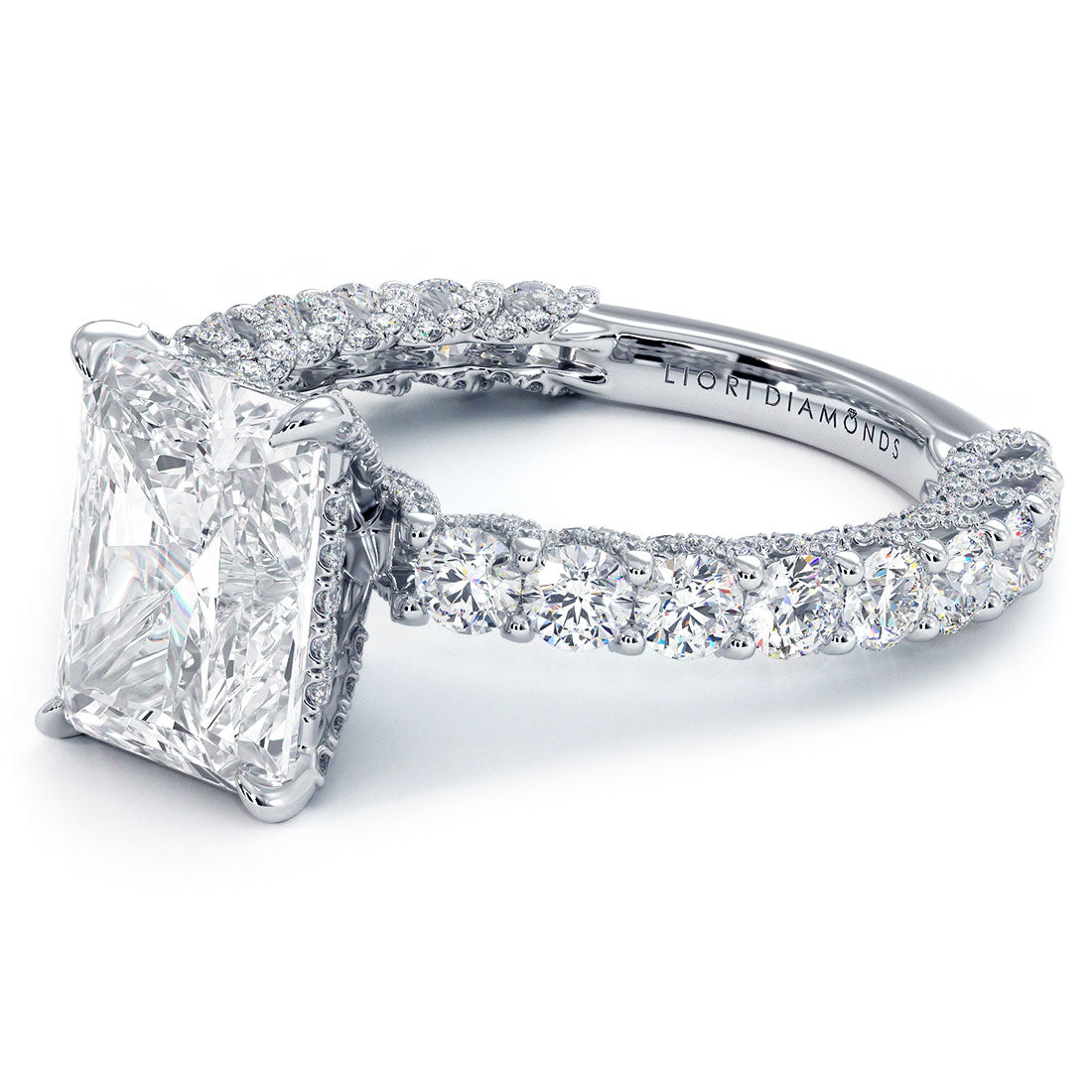 6.30ctw GIA Certified F-VS1 Radiant Cut Micropavé Lucida Setting Lab Grown Diamond Engagement Ring set in 14k White Gold