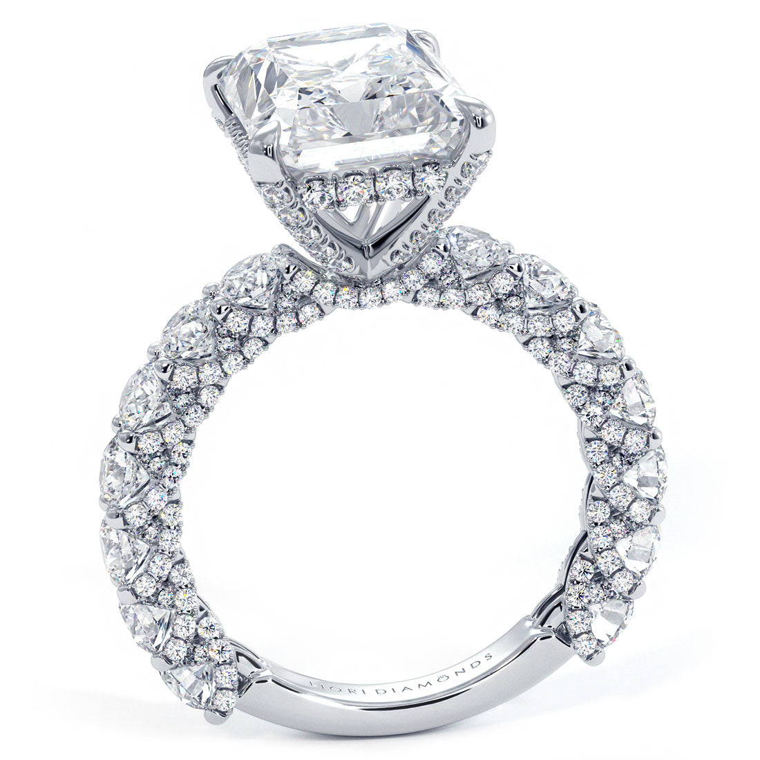 7.41ctw GIA Certified E-VVS2 Radiant Cut Micropavé Lucida Setting Lab Grown Diamond Engagement Ring set in 14k Platinum