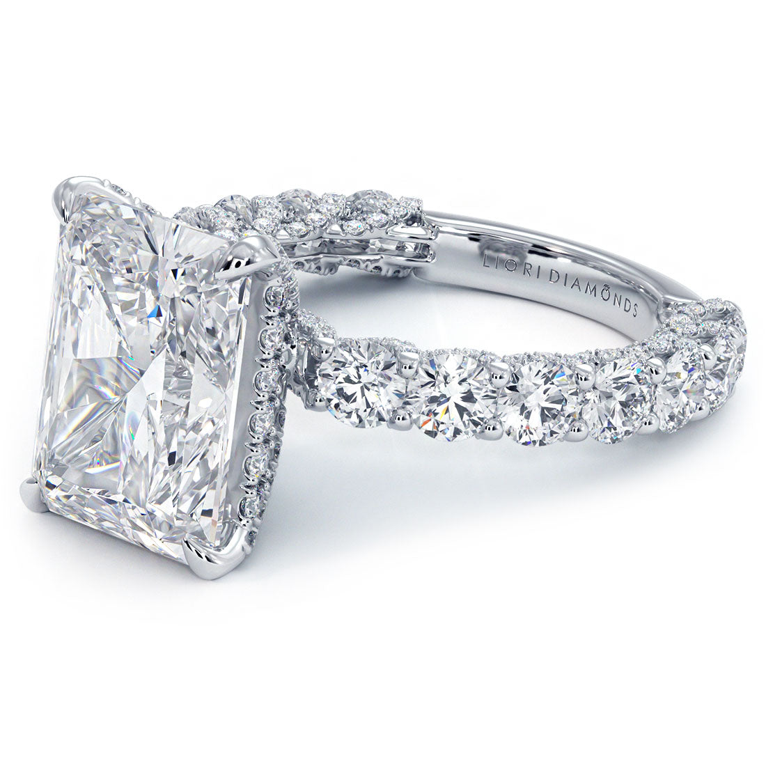 7.41ctw GIA Certified E-VVS2 Radiant Cut Micropavé Lucida Setting Lab Grown Diamond Engagement Ring set in 14k Platinum