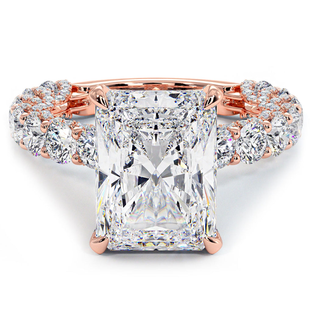 8.32ctw F-VVS2 Radiant Cut Micropavé Lucida Setting Lab Grown Diamond Engagement Ring set in 14k Rose Gold