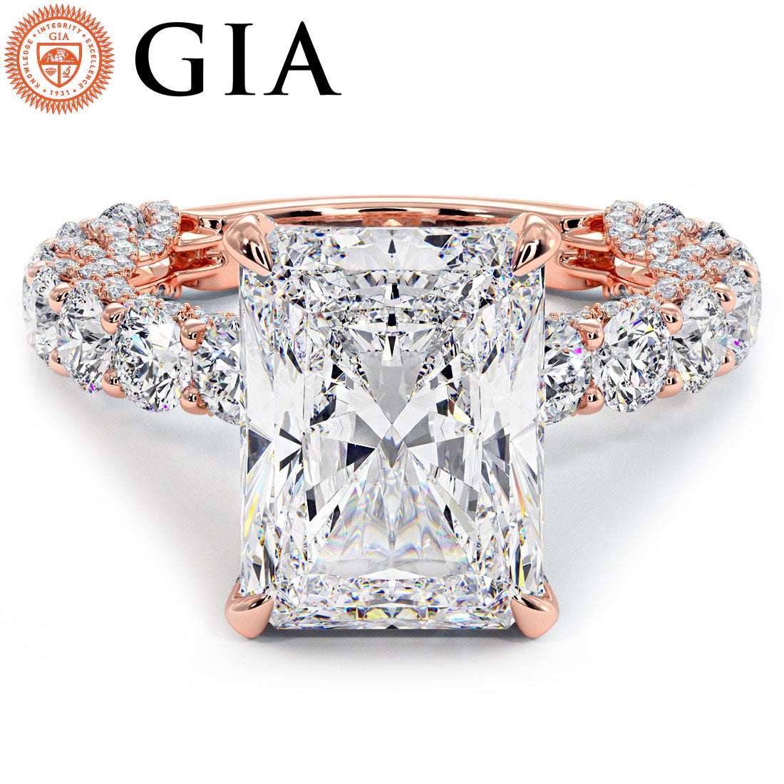 7.41ctw GIA Certified E-VVS2 Radiant Cut Micropavé Lucida Setting Lab Grown Diamond Engagement Ring set in 14k Rose Gold