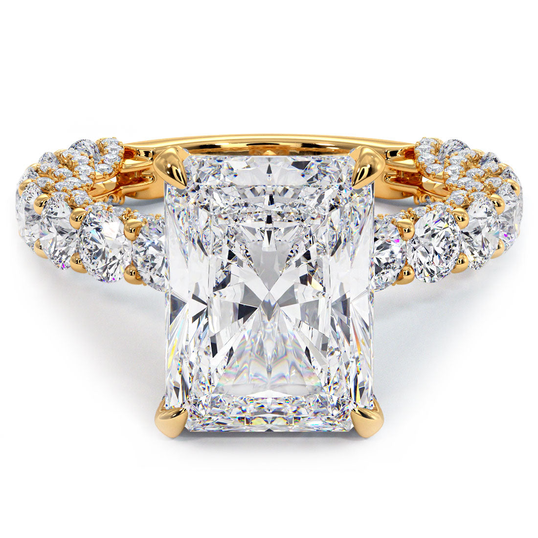 8.32ctw F-VVS2 Radiant Cut Micropavé Lucida Setting Lab Grown Diamond Engagement Ring set in 14k Yellow Gold