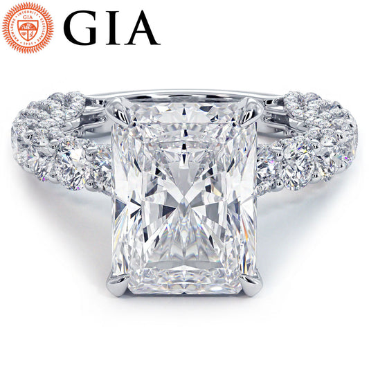 7.41ctw GIA Certified E-VVS2 Radiant Cut Micropavé Lucida Setting Lab Grown Diamond Engagement Ring set in 14k White Gold