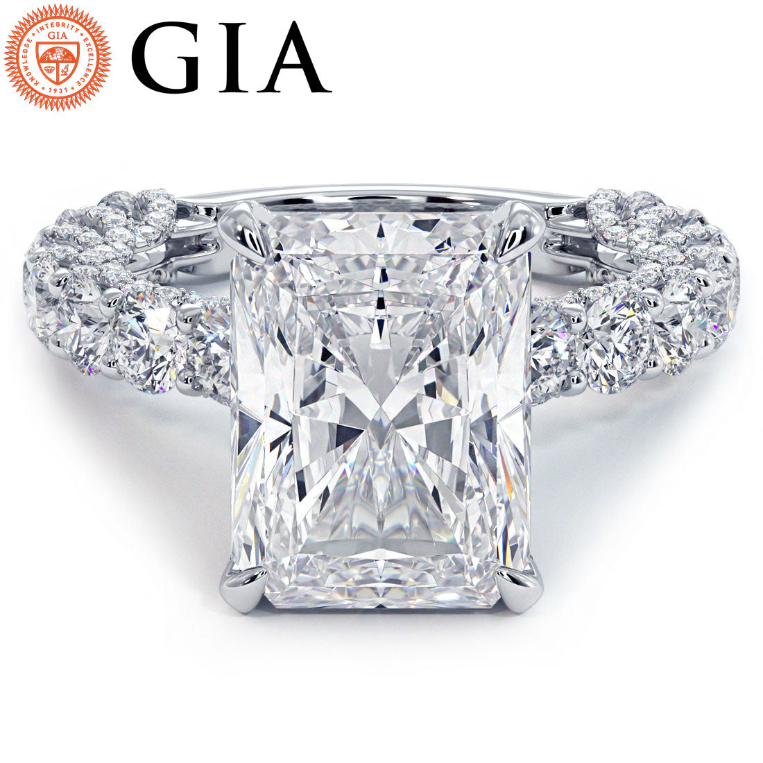 7.41ctw GIA Certified E-VVS2 Radiant Cut Micropavé Lucida Setting Lab Grown Diamond Engagement Ring set in 14k Platinum