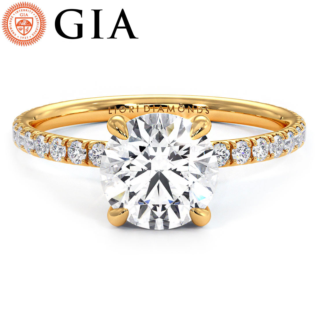 1.98ctw GIA Certified Round Brilliant Wire Basket Petite Micropavé Lab Grown Diamond Engagement Ring set in 14k Yellow Gold