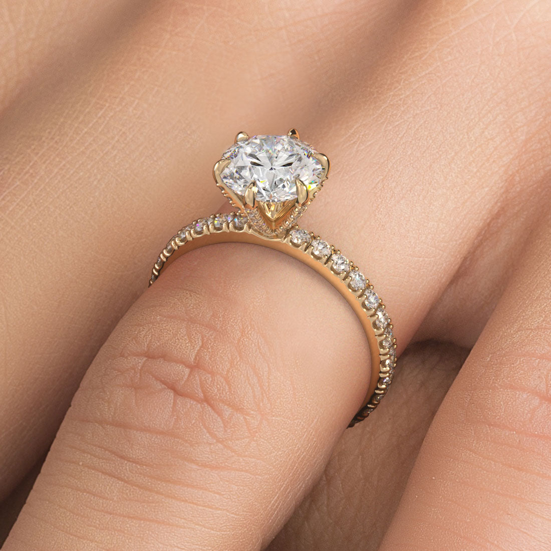 2.30ctw Round Brilliant D-VS1 Micropavé 6 Prong Petite Lab Grown Diamond Engagement Ring 14k Yellow Gold