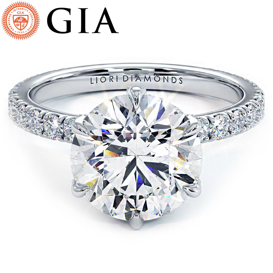 4.62ctw GIA Certified G-VS1 Round Brilliant Micropavé 6 Prong Petite Lab Grown Diamond Engagement Ring 14k White Gold