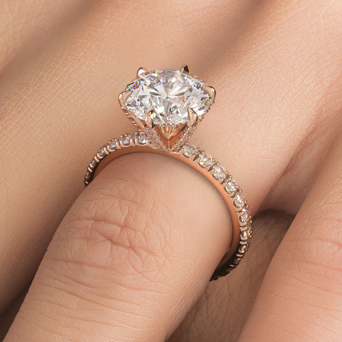 5.87ctw GIA Certified G-VS1 Round Brilliant Micropavé 6 Prong Petite Lab Grown Diamond Engagement Ring 14k Rose Gold