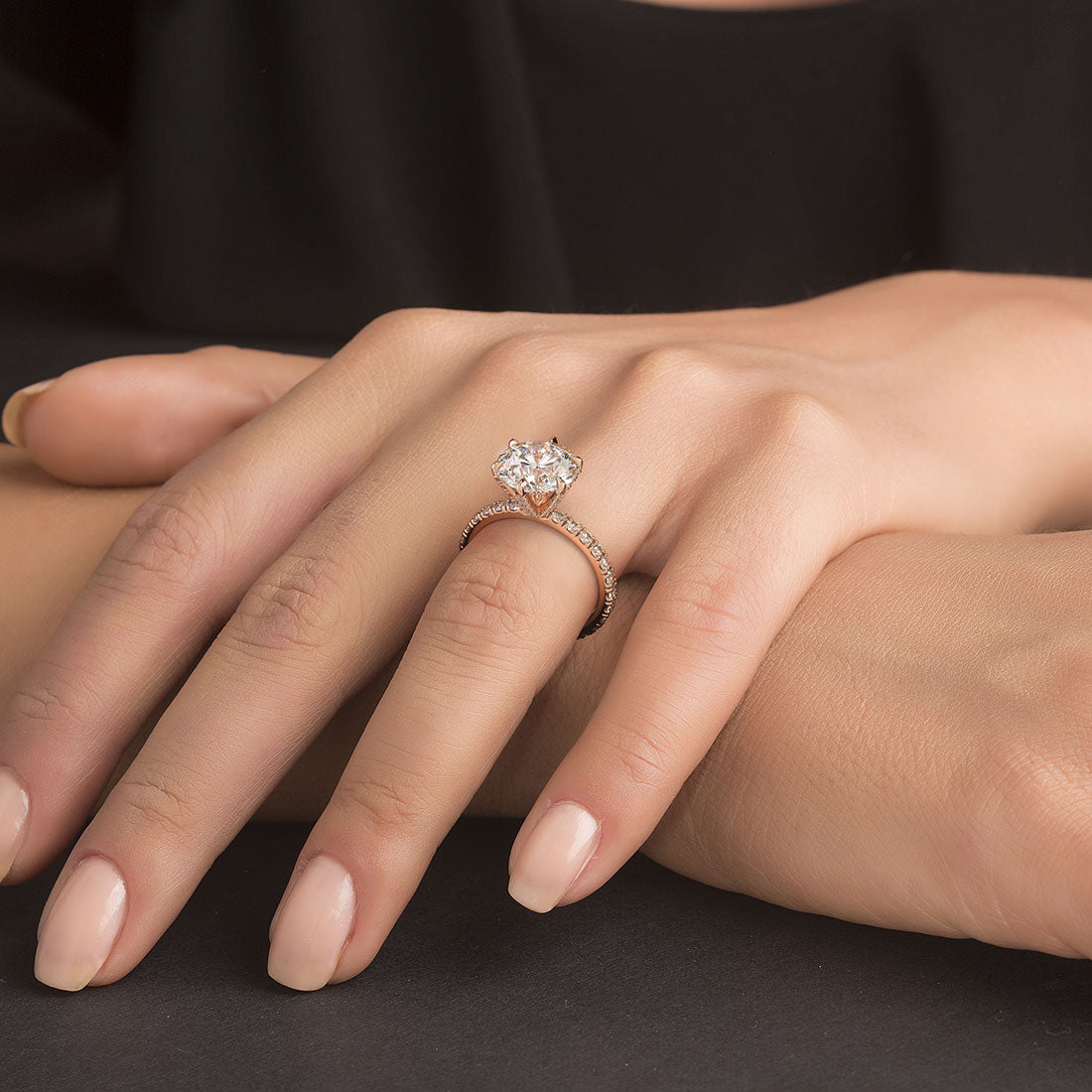 5.87ctw GIA Certified G-VS1 Round Brilliant Micropavé 6 Prong Petite Lab Grown Diamond Engagement Ring 14k Rose Gold