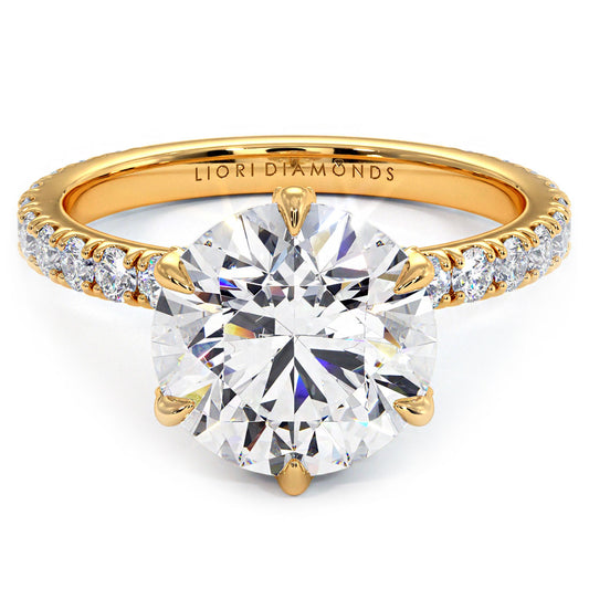 4.50ctw Round Brilliant F-VS1 Micropavé 6 Prong Petite Lab Grown Diamond Engagement Ring 14k Yellow Gold