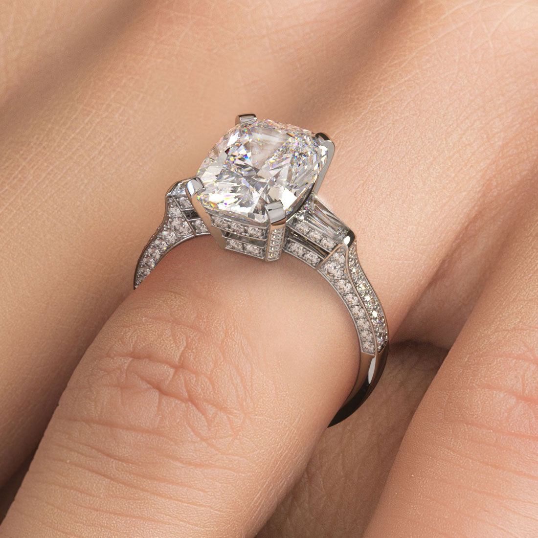 5.09ctw GIA Certified Cushion Cut & Tapered Baguette Three Stone Micropavé Lab Grown Diamond Engagement Ring set in 14k White Gold