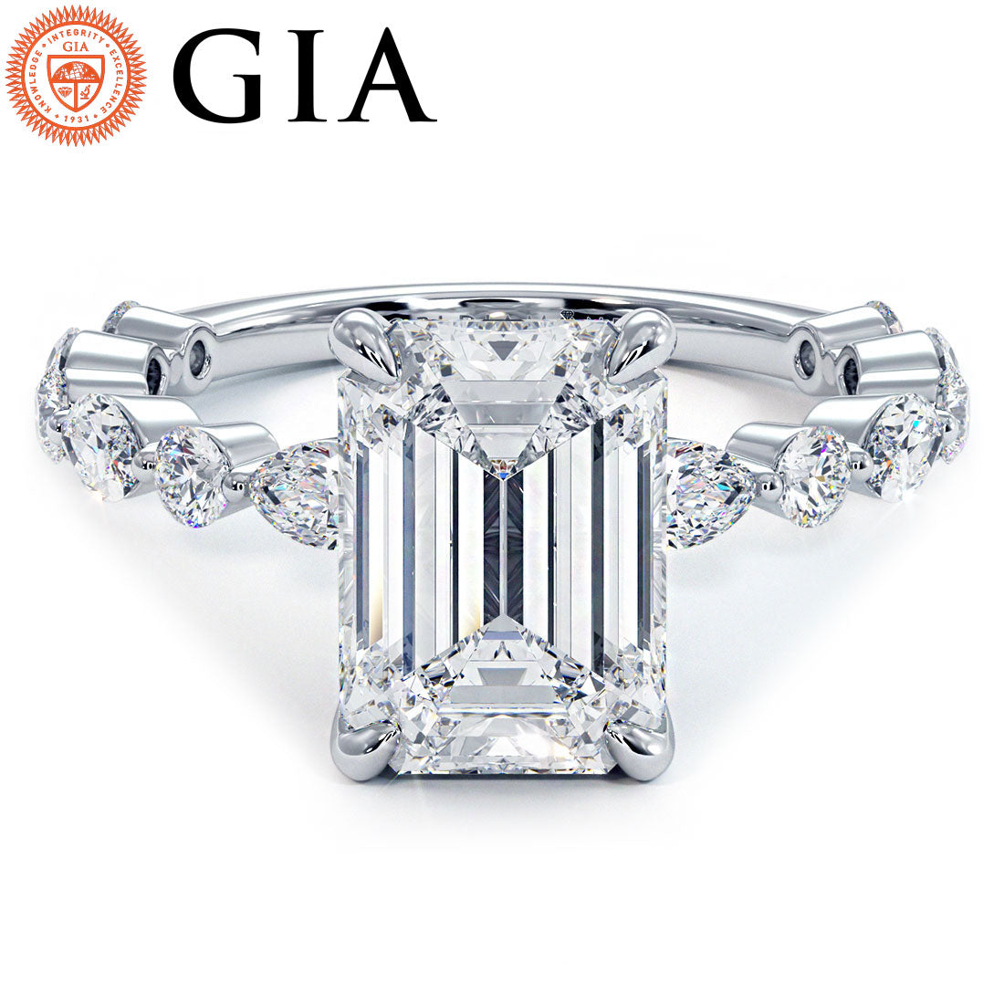 4.19ctw GIA Certified Emerald Cut Alternating Round & Marquise Lab Grown Diamond Engagement Ring set in 14k White Gold