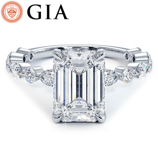 4.19ctw GIA Certified Emerald Cut Alternating Round & Marquise Lab Grown Diamond Engagement Ring set in 14k White Gold