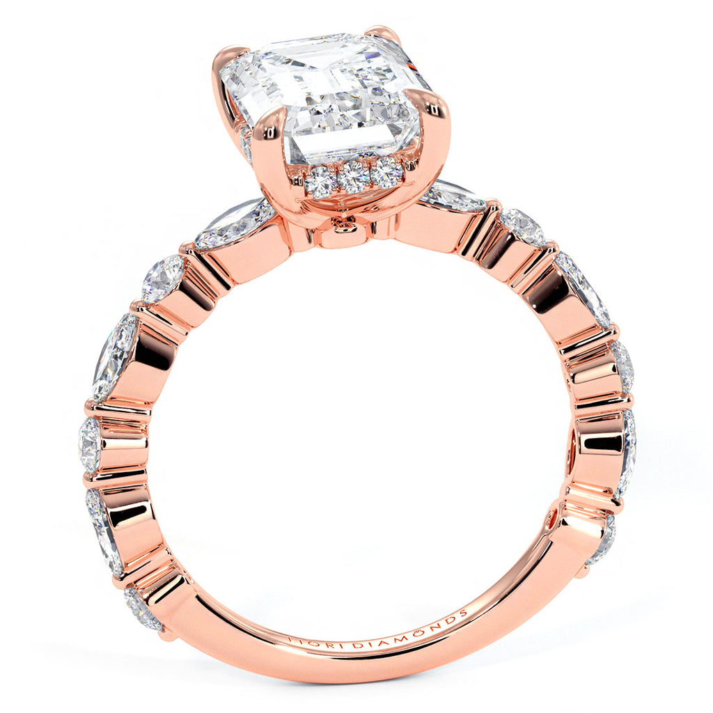 4.19ctw GIA Certified Emerald Cut Alternating Round & Marquise Lab Grown Diamond Engagement Ring set in 14k Rose Gold