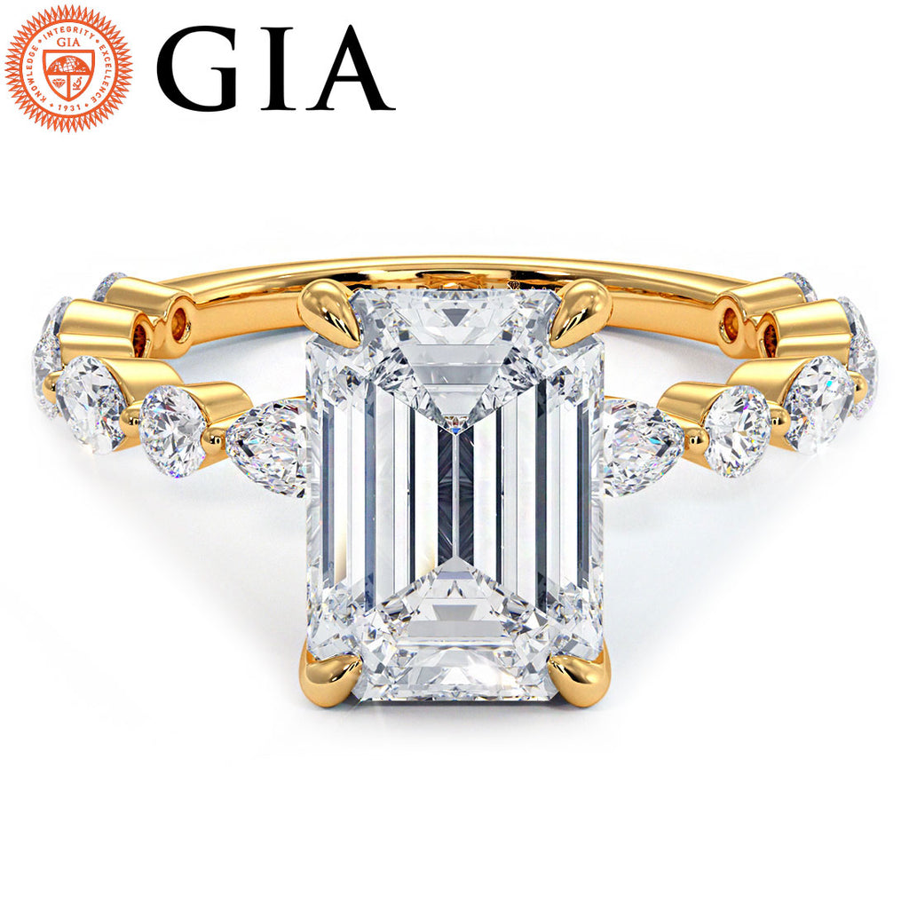 4.19ctw GIA Certified Emerald Cut Alternating Round & Marquise Lab Grown Diamond Engagement Ring set in 14k Yellow Gold