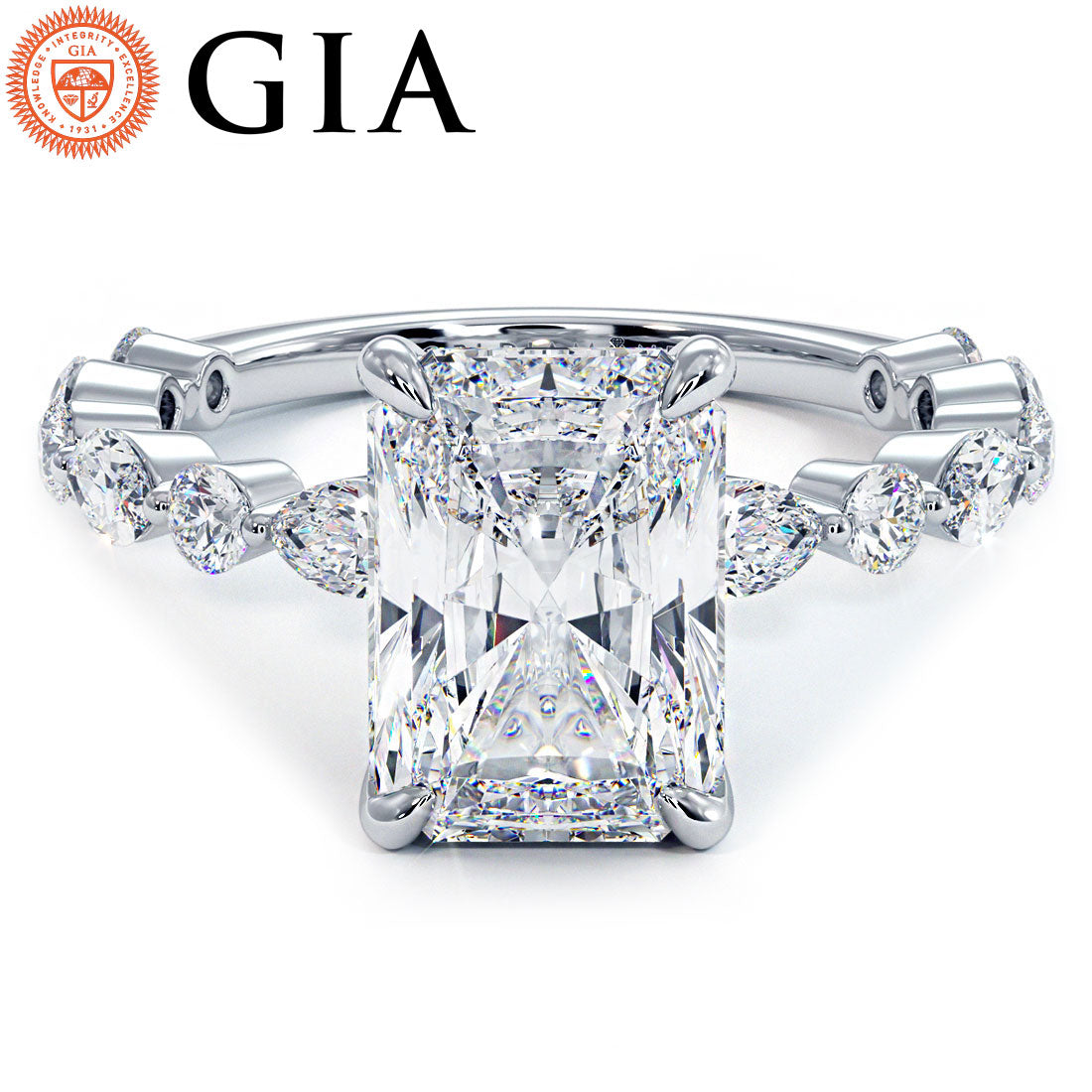 4.20ctw GIA Certified Radiant Cut Alternating Round & Marquise Lab Grown Diamond Engagement Ring set in 14k White Gold