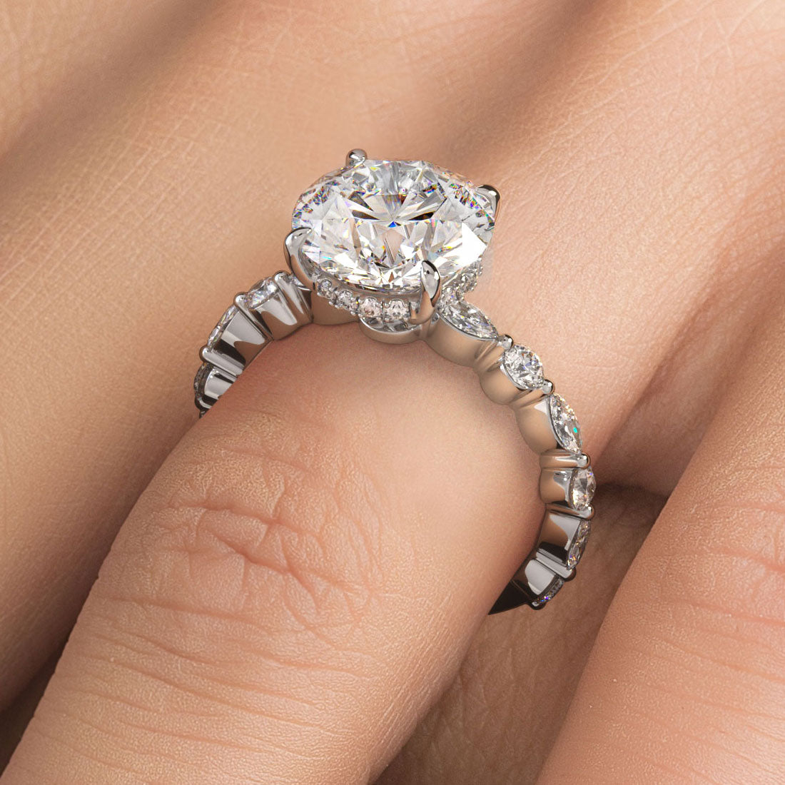 5.15ctw Round Brilliant F-VS1 Alternating Round & Marquise Lab Grown Diamond Engagement Ring set in 14k White Gold