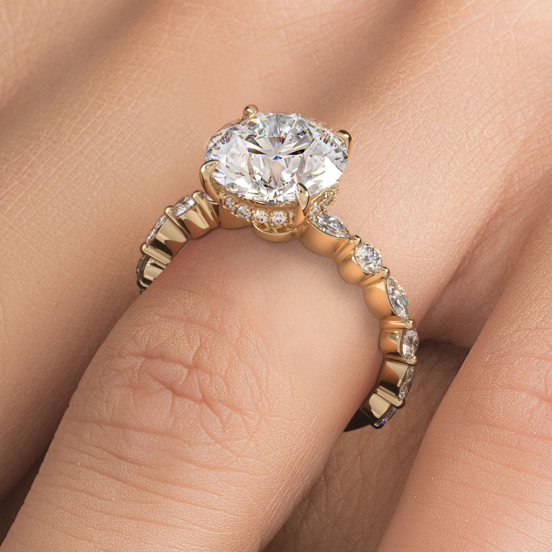 5.15ctw Round Brilliant F-VS1 Alternating Round & Marquise Lab Grown Diamond Engagement Ring set in 14k Yellow Gold
